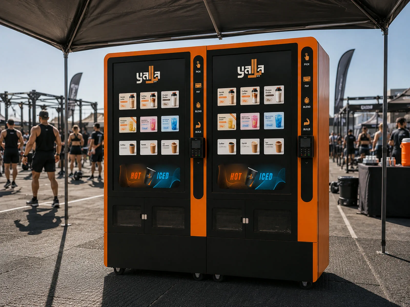 A branded drinks machine set up at an outdoor fitness event