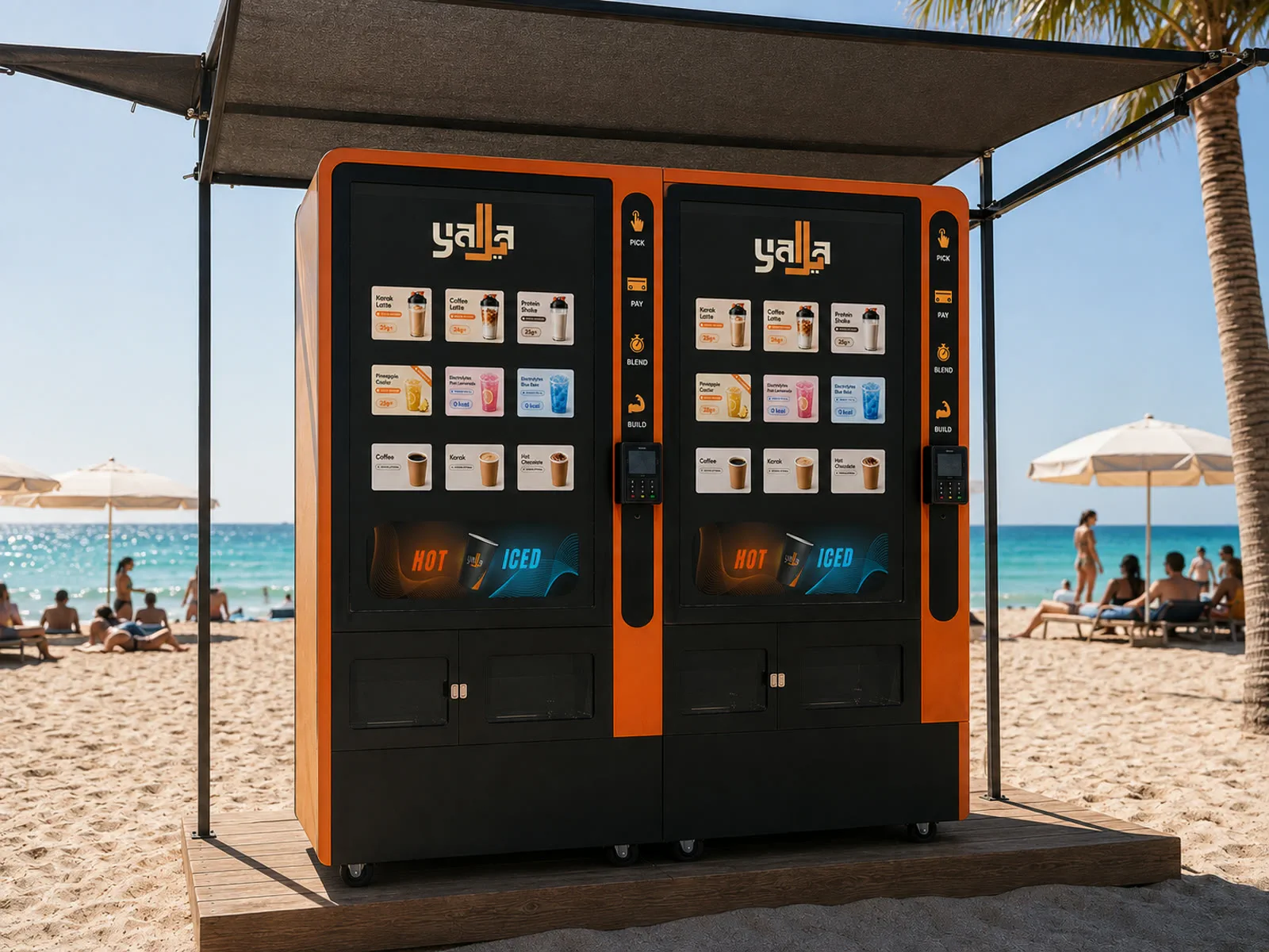 A drinks machine placed at an outdoor seaside venue