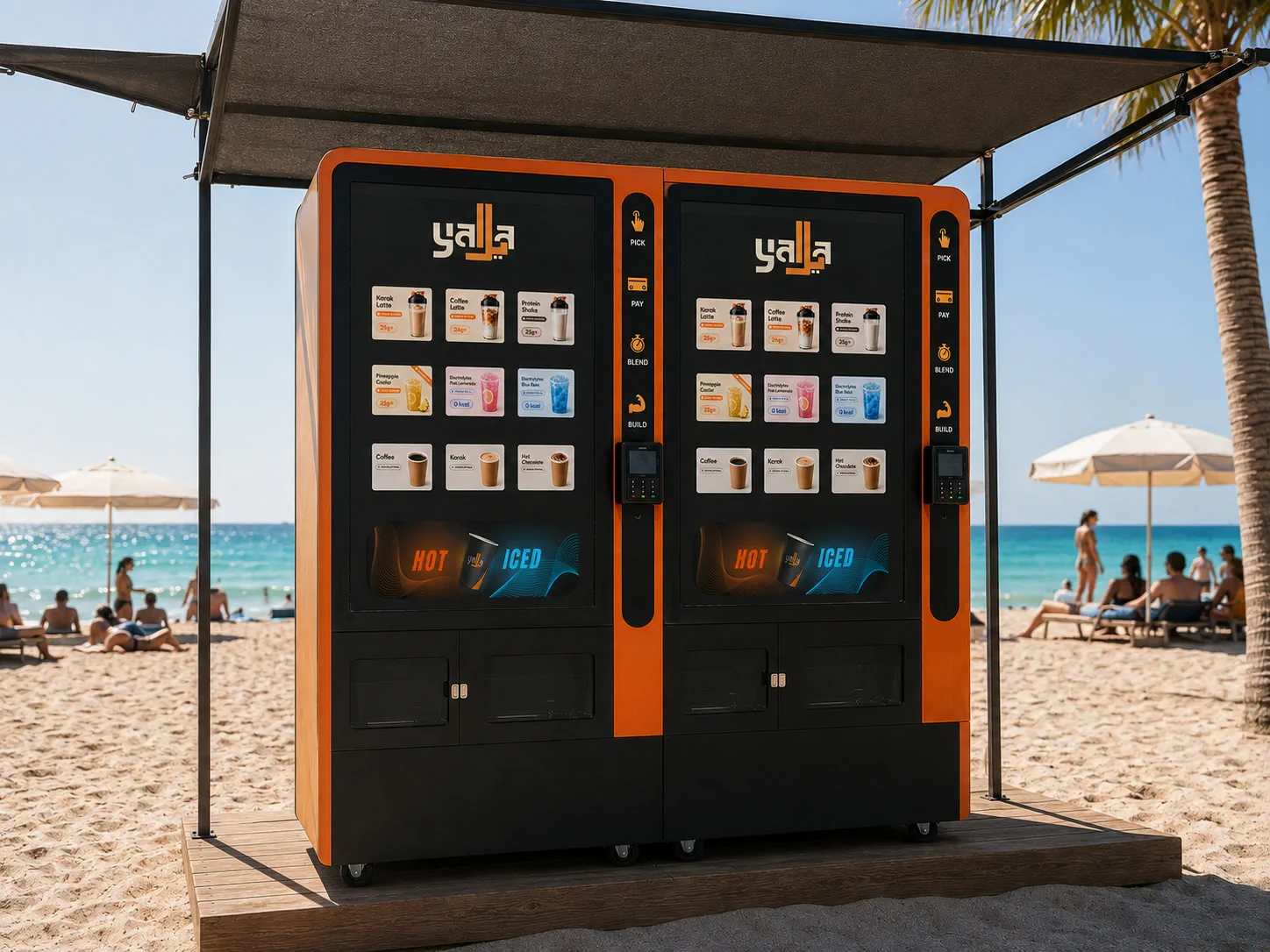 Two Yalla machines set up side by side under a canopy at an outdoor venue