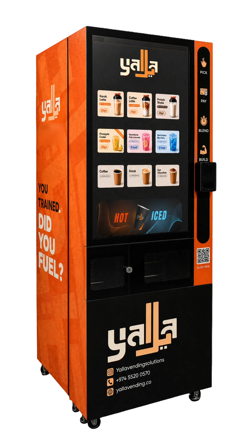 The Yalla machine, front three-quarter view, orange and charcoal with its drinks menu on the screen