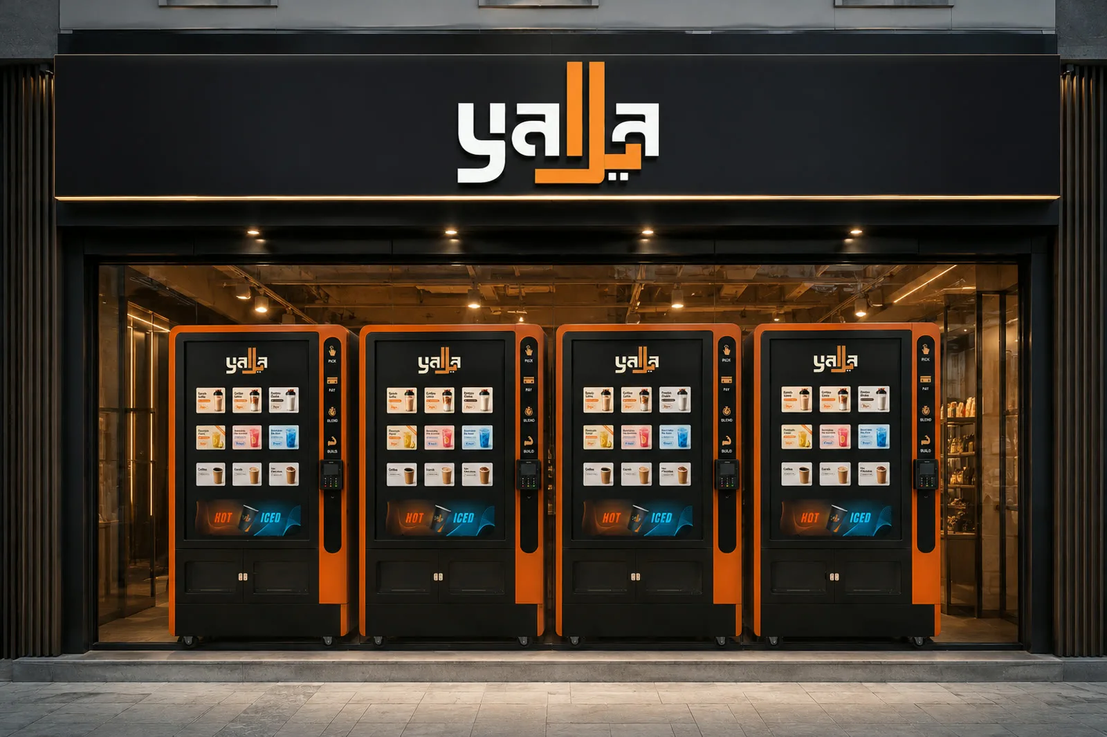A Yalla machine standing in a lit storefront at night